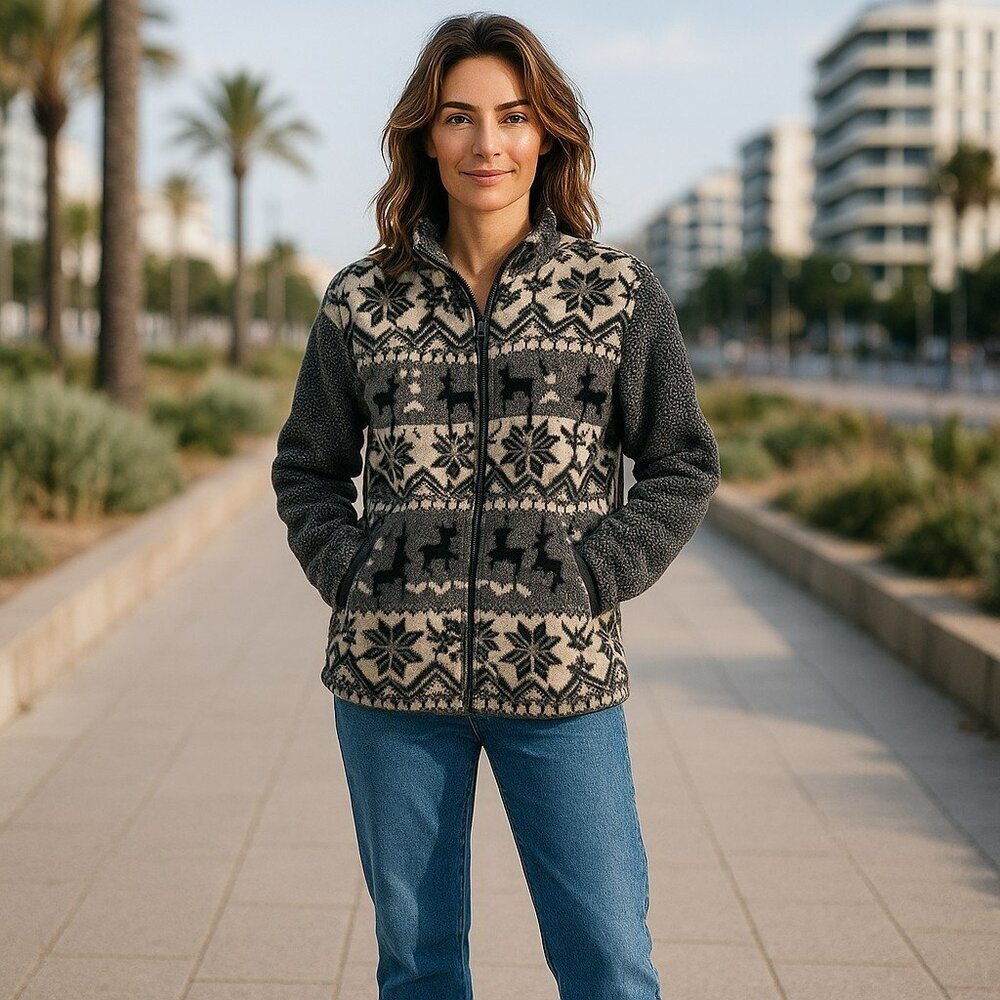 Vintage G4000 Womens Medium Gray Deer Winter Full Zip Up Fleece Sweater Jacket